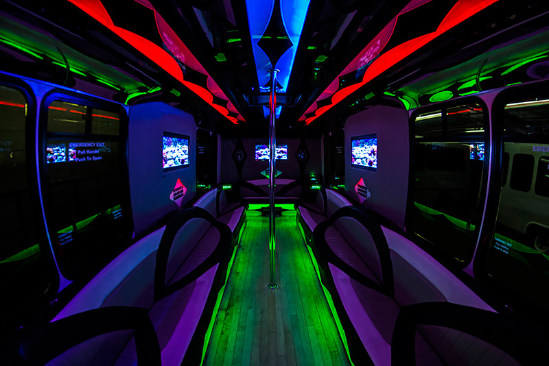 Party bus interior with wooden floor